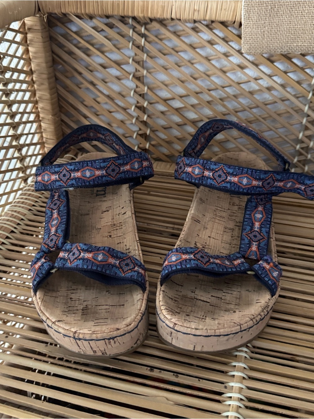 Born Women’s Cork Wedge Sandals Blue Orange Woven Straps Comfort Casual 8